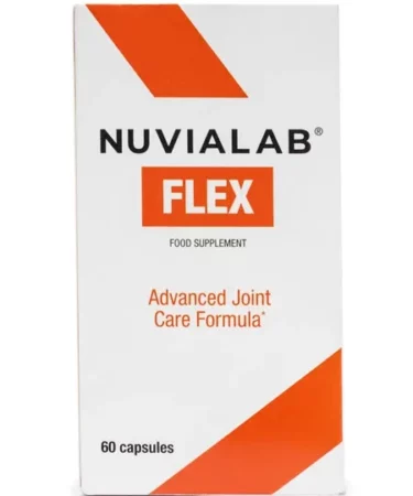 Biało-pomarańczowe pudełko suplementu NuviaLab Flex z wyraźnym napisem "FLEX" na froncie.